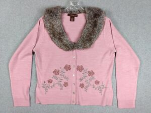 Bandolino Sweater Womens Large Pink Faux Fur Collar Floral Embroidered Cardigan